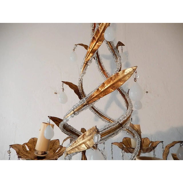 French Tole Beaded Roses and White Opaline Drops Chandelier For Sale - Image 4 of 10