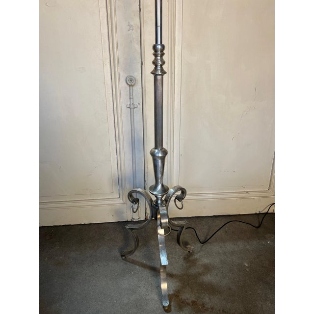 Metal French Silvered Floor Lamp on a Scrolled Tripod Base For Sale - Image 7 of 12