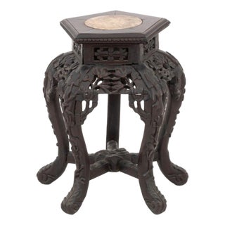 Chinese Marble Inset Carved Wood Pedestal Table For Sale