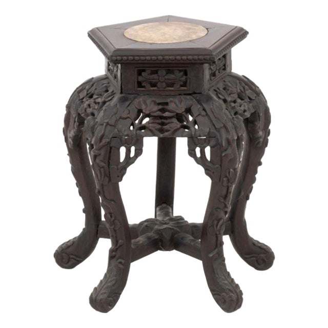 Chinese Marble Inset Carved Wood Pedestal Table For Sale