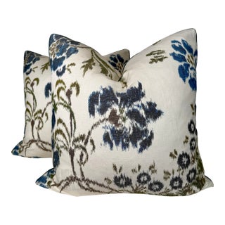 Scalamandre "Kew Gardens Warp Print" in Blues on Ivory 22" Pillows-A For Sale