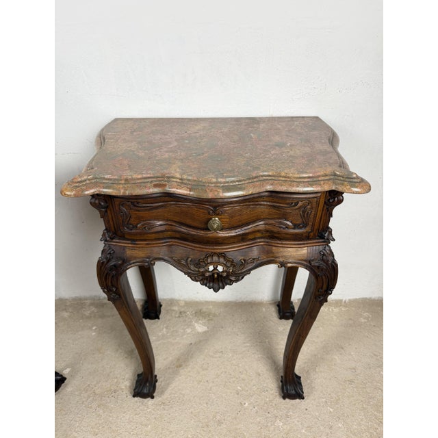 French Louis XV Style Nightstands with Marble Tops, 1940s, Set of 2 For Sale - Image 10 of 16