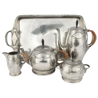 Jugendstil Silver Plate Centerpiece on Tray & Tea Set by Karl Berghof, 1905, Set of 5 For Sale