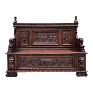 Antique French Carved Hall Bench Settle Renaissance Knights Brittany Pew Chest For Sale