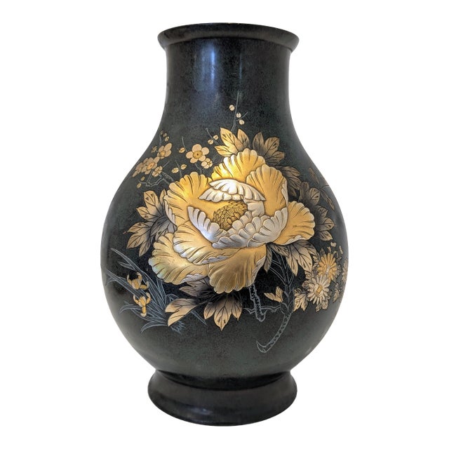 Japanese Vase With Mixed-Metal Peony Relief For Sale