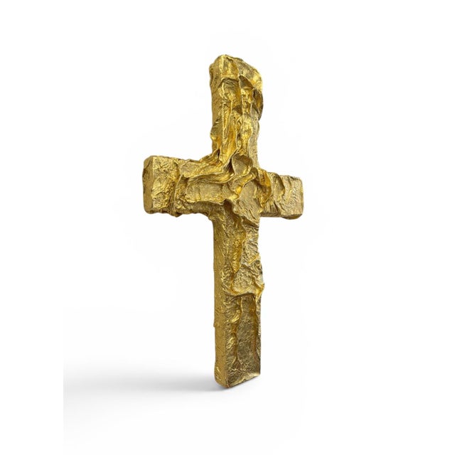 Contemporary One-of-a-Kind Sculptural Wall Cross in Gilded Metallic Leather For Sale - Image 3 of 5