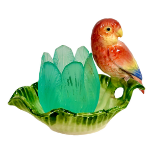 1980s Vintage Fitz & Floyd Tropical Jungle, Love Birds Tea Candle Holder in Aqua