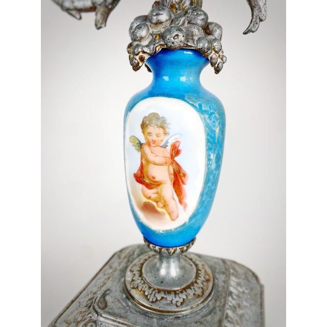 Late 19th Century Pair of Antique Signed p.h. Mourey French Victorian Silvered Metal & Sèvres Style Porcelain Three-Light Candelabras For Sale - Image 5 of 12
