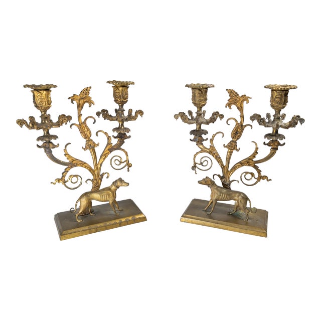 19th Century Pair of French Regency Gilt Bronze Candleholders With Greyhound Dogs For Sale