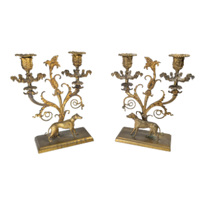 19th Century Pair of French Regency Gilt Bronze Candleholders With Greyhound Dogs