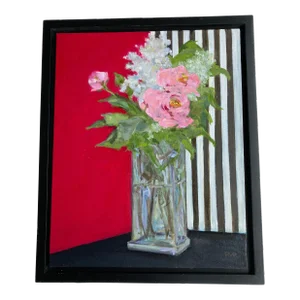 Peonies and Lilacs in Glass on Stripes Still Life Painting
