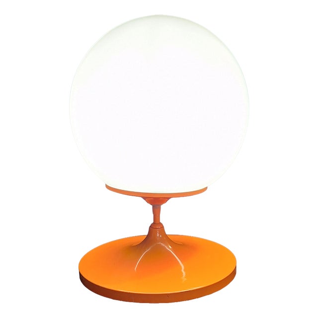Space Age Table Lamp with Orange Metal Base and Round White Glass Shade, 1970s For Sale