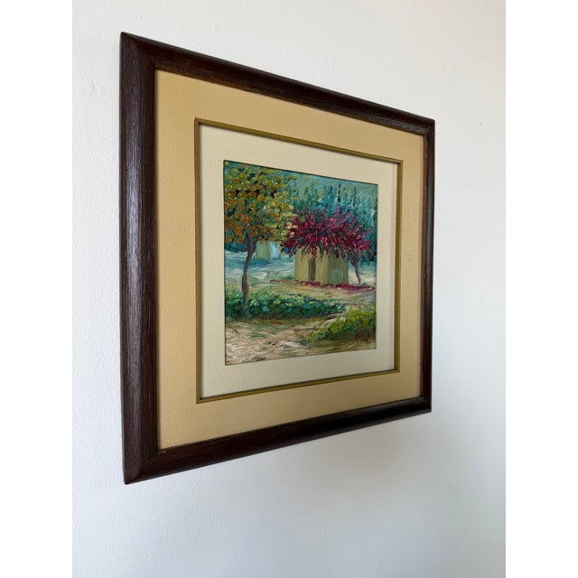 Charming vintage countryside landscape oil painting on masonite featuring an expressive impressionist style. The...