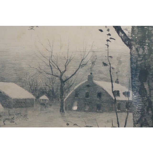 Antique 1887 Henry Pruett Share Signed Winter Farm Landscape Etching 20", Framed For Sale - Image 9 of 11