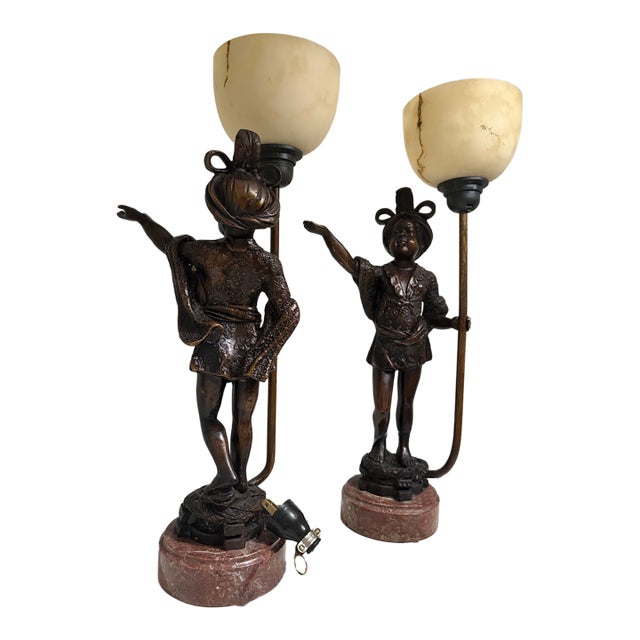 Mid-20th Century Venetian Style Figural Bronze Blackamoor Table Lamps on Red Marble Bases - A Pair For Sale