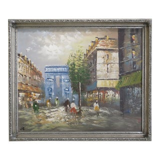 1990s Paris Street Scene Oil Painting on Canvas ~ Silver Frame For Sale
