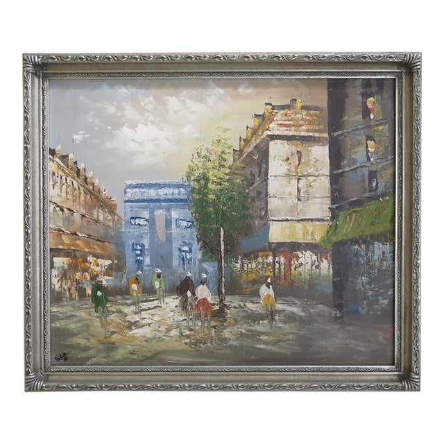 1990s Paris Street Scene Oil Painting on Canvas ~ Silver Frame For Sale