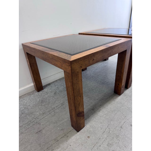 1960s Brandt Furniture Mid Century Campaign Parsons Side Tables With Caning Inset and Glass Top - a Pair For Sale In Nashville - Image 6 of 12