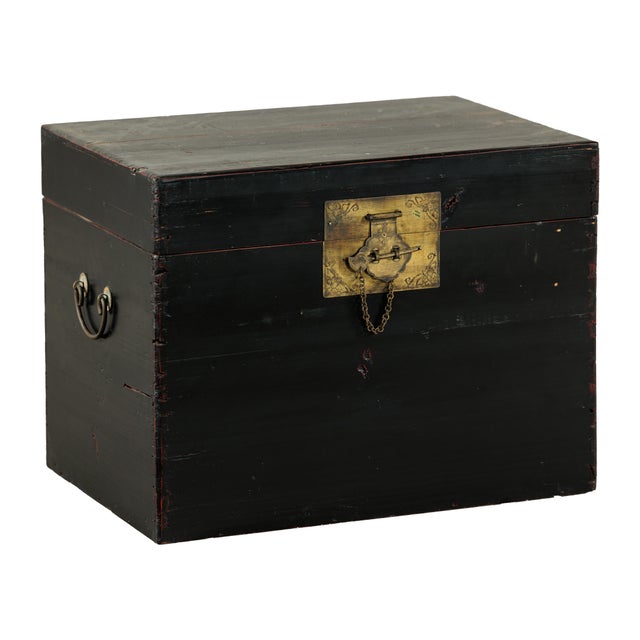 Vintage Chinese Black Lacquered Trunk with Brass Hardware and Side Handles For Sale - Image 14 of 18