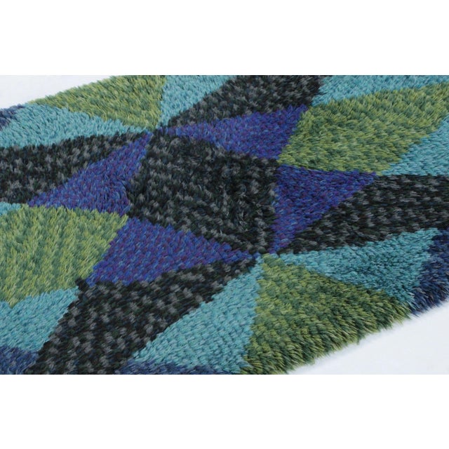 Rug & Kilim Vintage Swedish Rya Rug With Teal and Blue Geometric Pattern - Rug & Kilim For Sale - Image 4 of 8