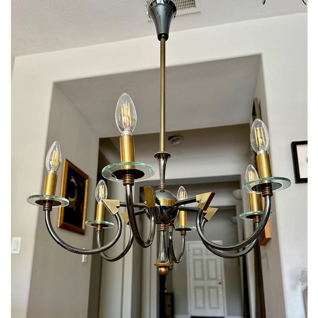 1940s French Moderne Patinated Brass Chandelier by Maison Lunel For Sale - Image 5 of 12