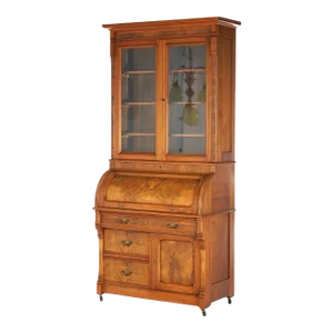 Late 19th Century Antique Victorian Walnut & Burl Barrel Roll Top Secretary Bookcase & Desk C1890