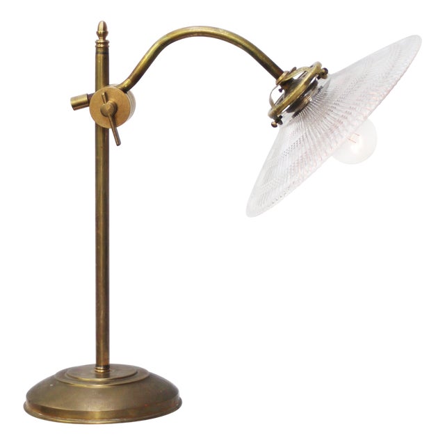 French Holophane Glass and Brass Desk Light For Sale