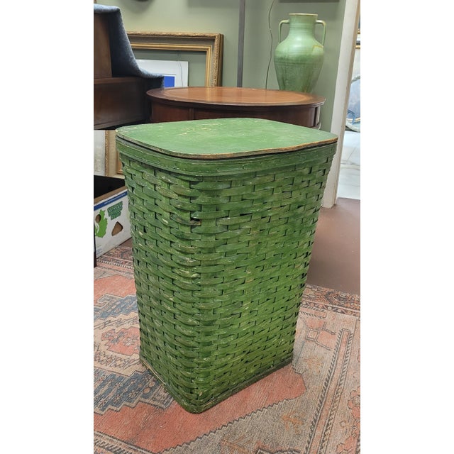 Wood A Large Green Vintage 1940s Splint Basket For Sale - Image 7 of 9