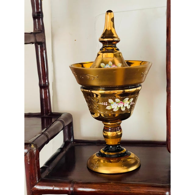 Art Deco Antique Bohemian Amber Glass With Gold Enameled Compote VaseWith Cover For Sale - Image 3 of 5