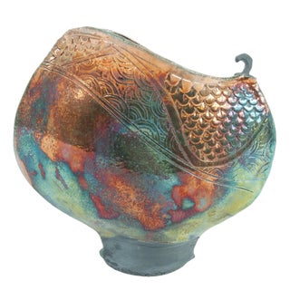 Iridescent Clay Vessel Signed For Sale