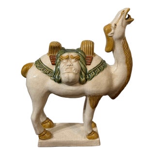 Large Vintage Chinese Tang-Style Crackle Glaze Ceramic Camel Sculpture For Sale