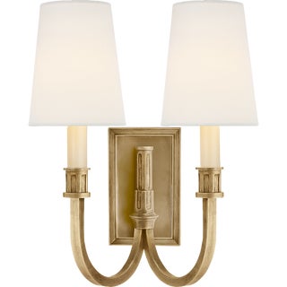 Thomas O'Brien for Visual Comfort Signature Modern Library Double Sconce in Hand-Rubbed Antique Brass with Linen Shades For Sale