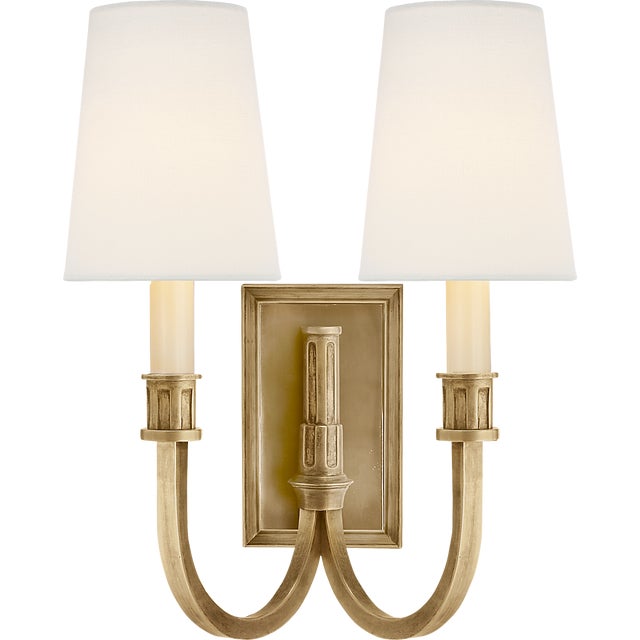 Thomas O'Brien for Visual Comfort Signature Modern Library Double Sconce in Hand-Rubbed Antique Brass with Linen Shades For Sale