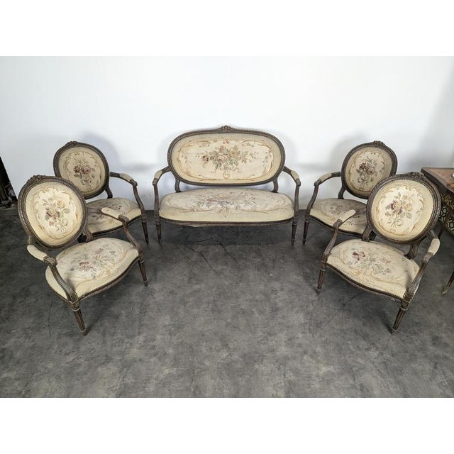 Louis XVI Style Sofa, Armchairs and Chairs in Aubusson Tapestry, Set of 5 For Sale - Image 10 of 18