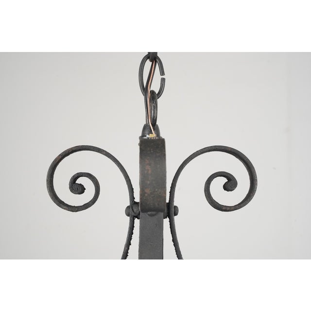 Mid 20th Century Restored Spanish Revival Wrought Iron Opalescent Glass Pendant Light For Sale - Image 9 of 12