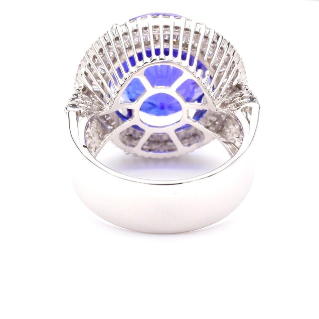 2020s 15.50 Carat Round Tanzanite & 1.50 Carat Diamond Double Halo 14k White Gold Ring, Size 6.5 For Sale - Image 5 of 10