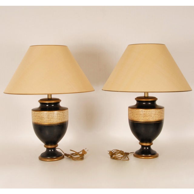 1980s Vintage French Table Lamp Black Gold Vase Lamps Ceramic a Pair For Sale - Image 5 of 11