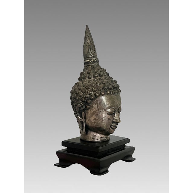Boho Chic South East Asian 'Silver'' Shan Buddha Head on Carved Wood Stand For Sale - Image 3 of 11