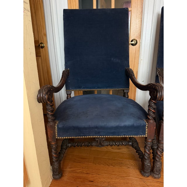 Beautiful Pair of Vintage Carved Wood Velvet Armchairs A striking pair of large, substantial vintage armchairs featuring...