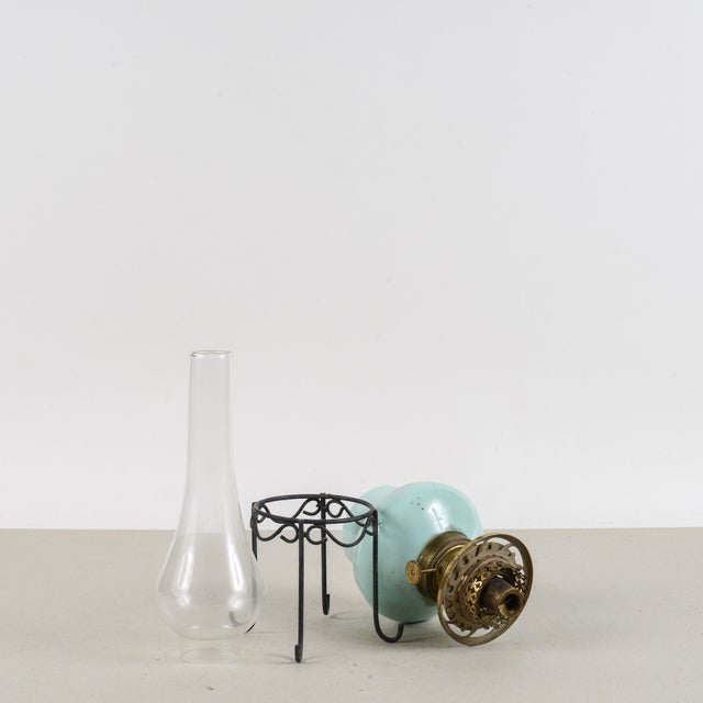 Blue Opaline Glass Oil Lamp with Metal Base, Early 20th Century For Sale - Image 8 of 9
