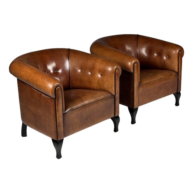 Vintage Club Chairs in Sheepskin Leather, Set of 2 For Sale