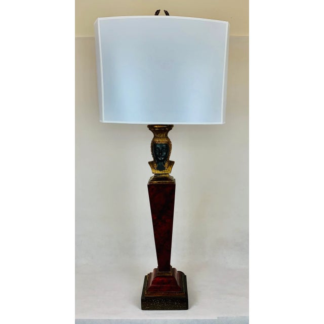 Egyptian Revival Carved Wood Faux Finish Lamp in Reds & Blacks-1920s For Sale - Image 4 of 15