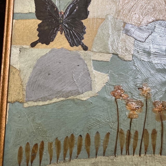 Mid-Century Modern 1970’s Original Abstract Collage/Painting Butterfly in Landscape Vintage Faux Bamboo Frame For Sale - Image 3 of 4