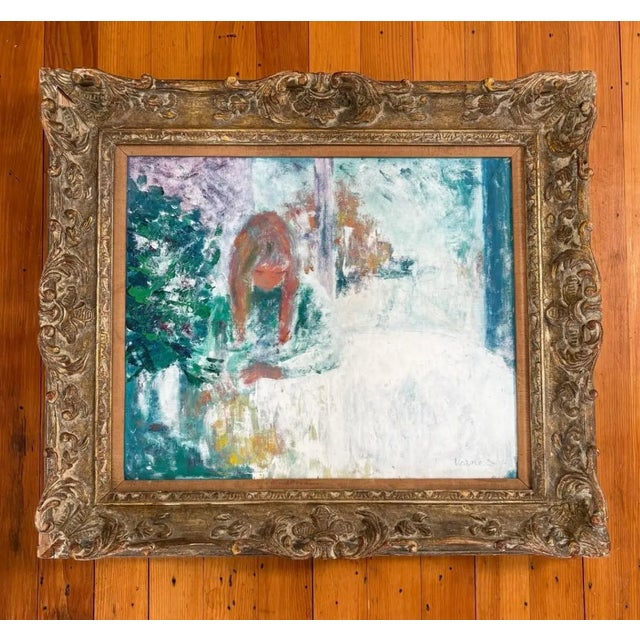 Lovely, antique French impressionistic painting on canvas in antique carved wood frame. Signed Vernois
