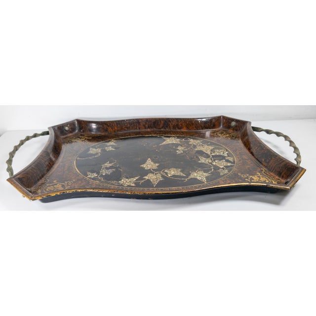19th Century English Victorian Tole Metal Serving Tray With Mother of Pearl and Faux Grain Design For Sale - Image 15 of 18