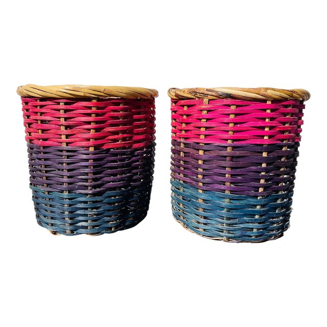 Vintage Pair of Colorful Handmade Filipino Baskets For Sale