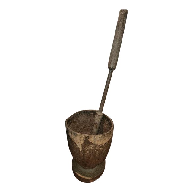 Large Antique Hand-Carved Wooden Mortar and Pestle For Sale