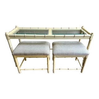 Late 20th Century Vintage Thomasville Faux Bamboo Glass Top Console Table With Two Bench Seats in Oyster Bay Finish- Set of Three For Sale