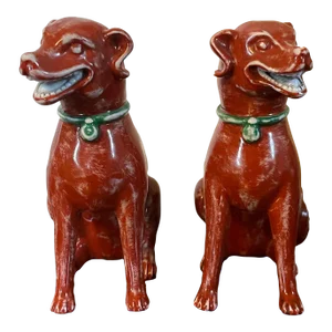 Antique 19th Century Chinese Export Porcelain Orange Red Figures of Hounds or Dogs - a Pair