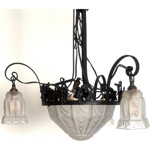 Antique French Art Nouveau Wrought Iron and Glass 4-Light Chandelier, 1930s For Sale - Image 13 of 14